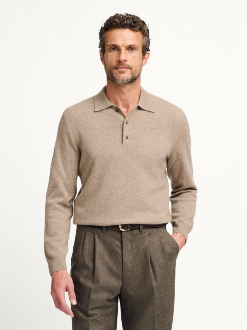 Taupe Scottish Cashmere Long Sleeve Knit Polo Thumb Detail