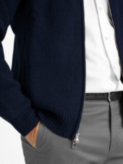 Navy Merino Wool Full-Zip Sweater - Proper Cloth