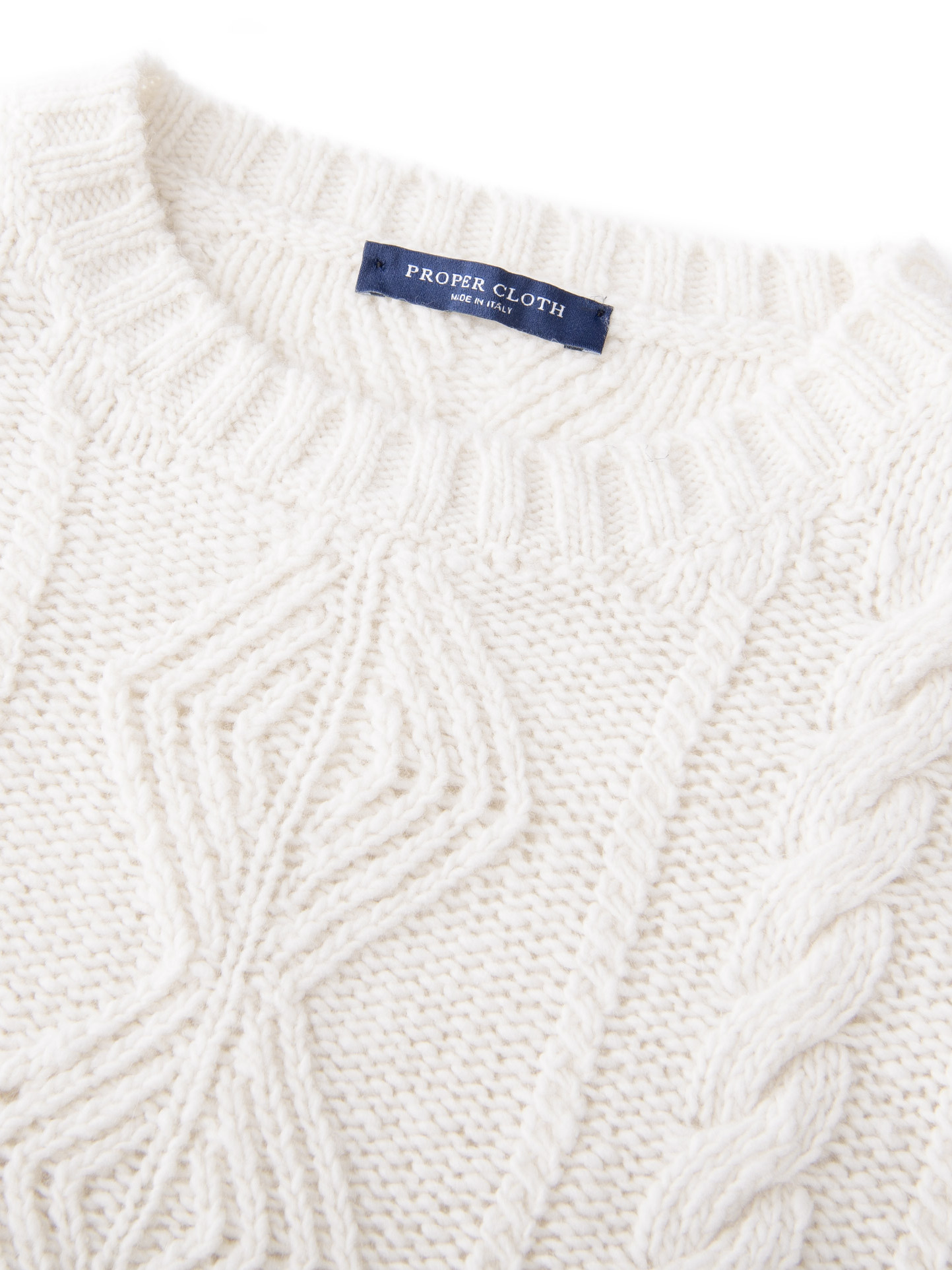 Cream Italian Wool and Cashmere Aran Crewneck Sweater by Proper Cloth