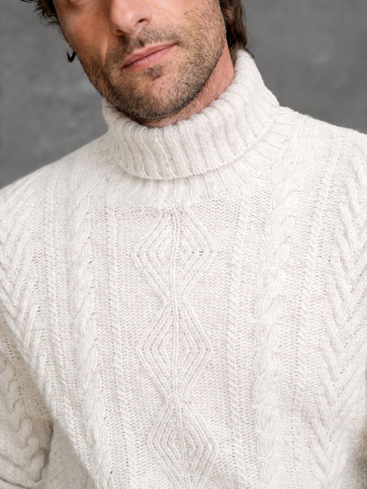 Cream Italian Wool and Cashmere Aran Turtleneck Sweater