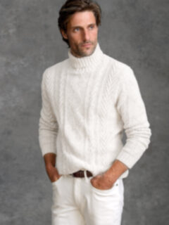 Cream Italian Wool and Cashmere Aran Turtleneck Sweater Product Thumbnail 5