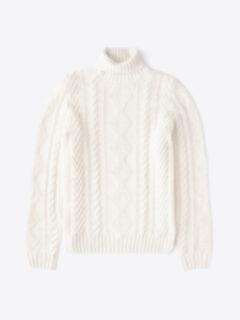 Cream Italian Wool and Cashmere Aran Turtleneck Sweater Product Thumbnail 1