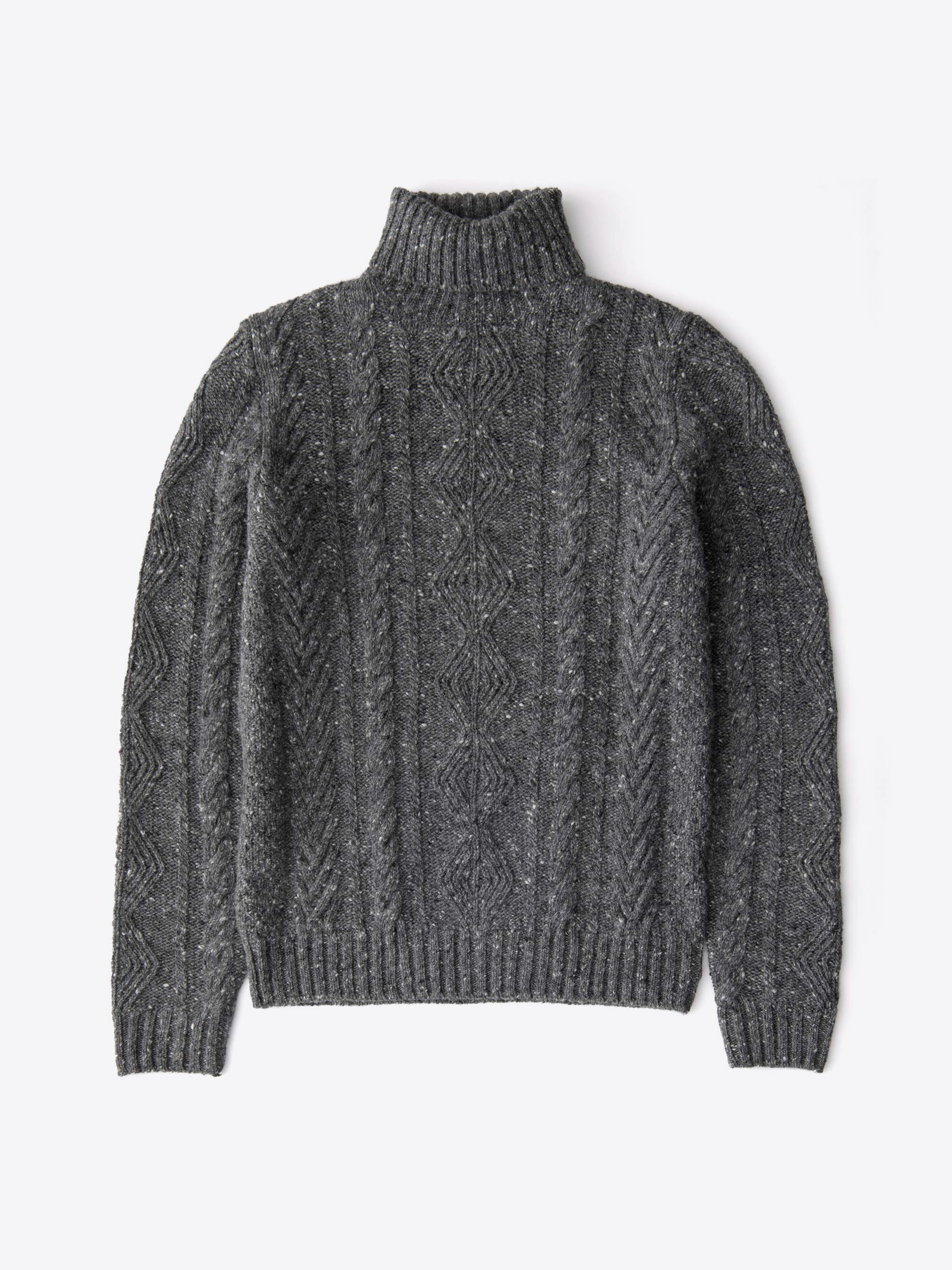 Zoom Image of Grey Italian Wool Cashmere Aran Turtleneck Sweater