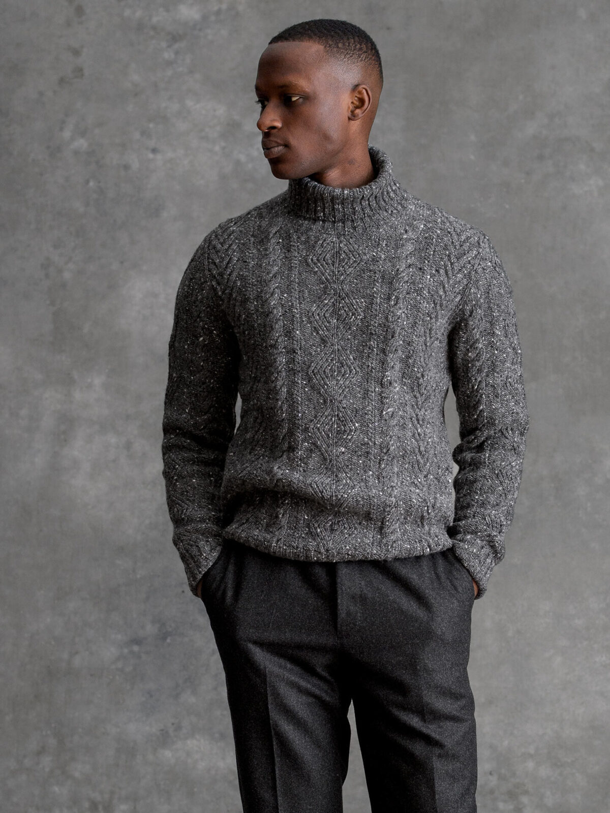 Grey Italian Wool Cashmere Aran Turtleneck Sweater