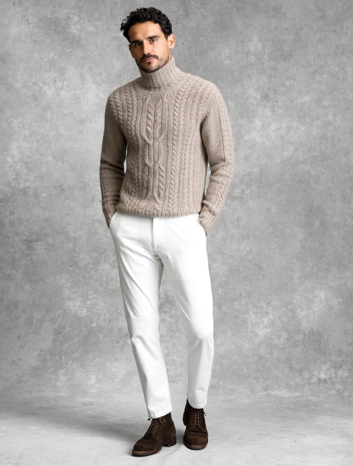 Beige Wool and Cashmere Aran Turtleneck