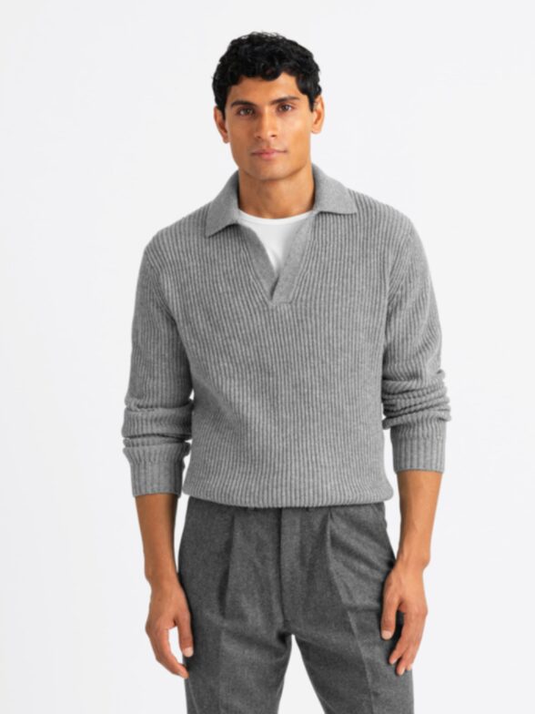 Light Grey Merino and Cashmere Ribbed Knit Polo Thumb Detail