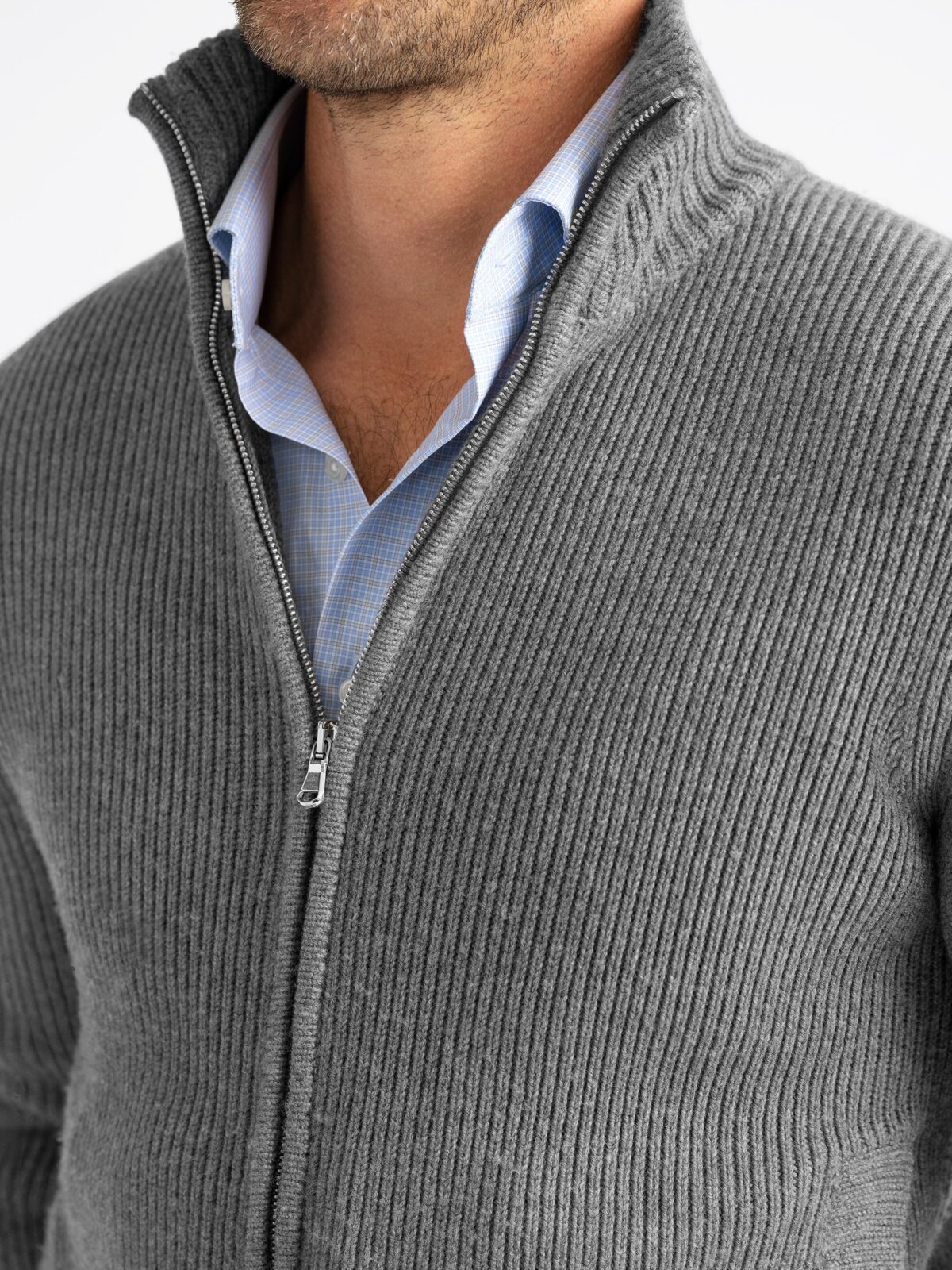 Grey Merino Wool Full-Zip Sweater - Proper Cloth