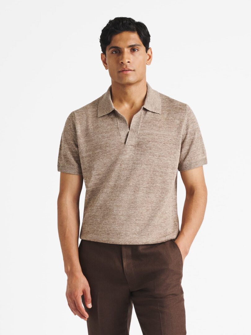 Brown Melange Linen Knit Polo Thumb Detail
