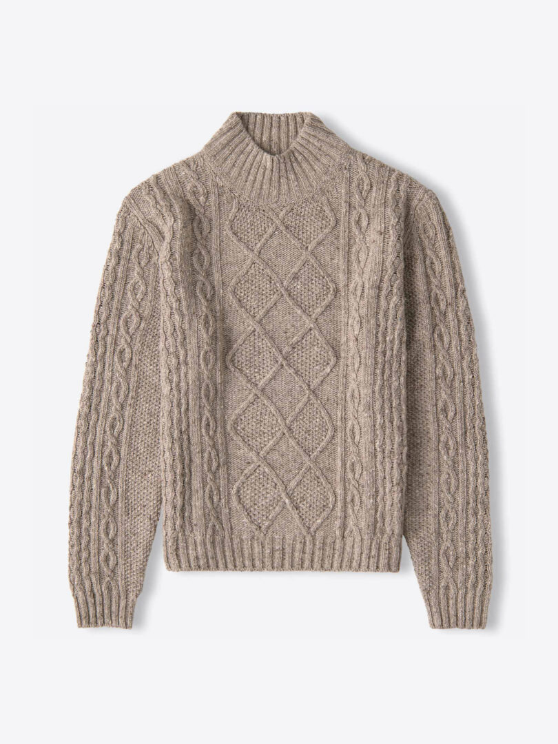 Beige Italian Wool and Cashmere Aran Mockneck Sweater