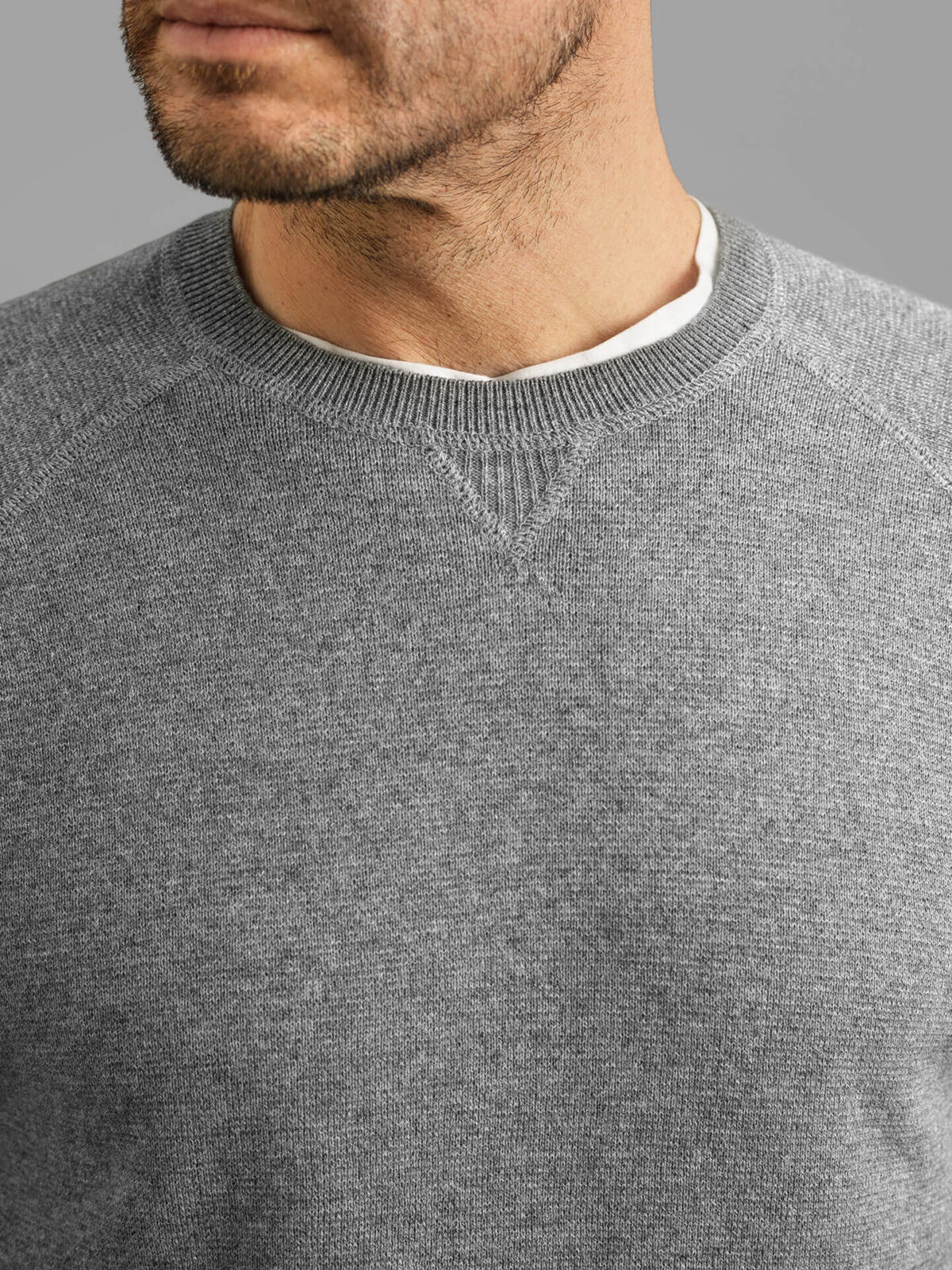 Grey Wool and Cotton Raglan Crewneck Sweater