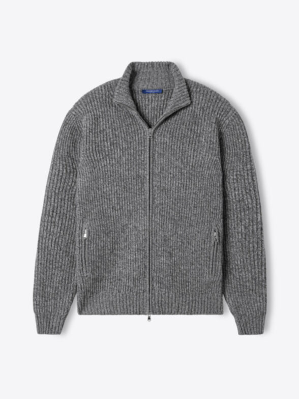 Thumb Photo of Grey Merino and Cashmere English Rib Full-Zip Sweater