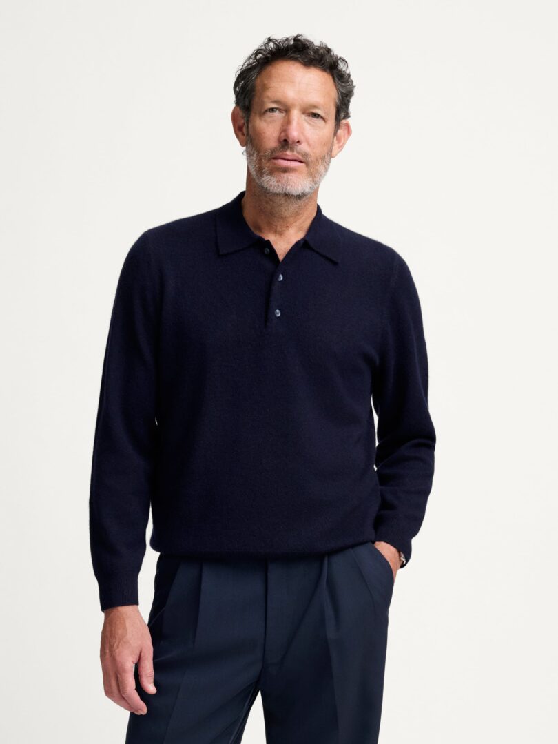 Navy Scottish Cashmere Long Sleeve Knit Polo Thumb Detail