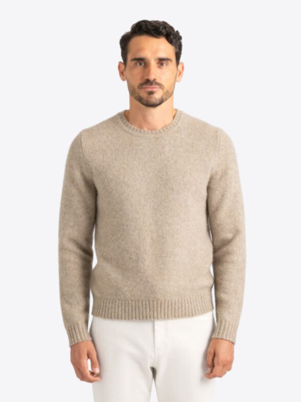 Beige Merino Wool Brushed Crewneck Thumb Detail