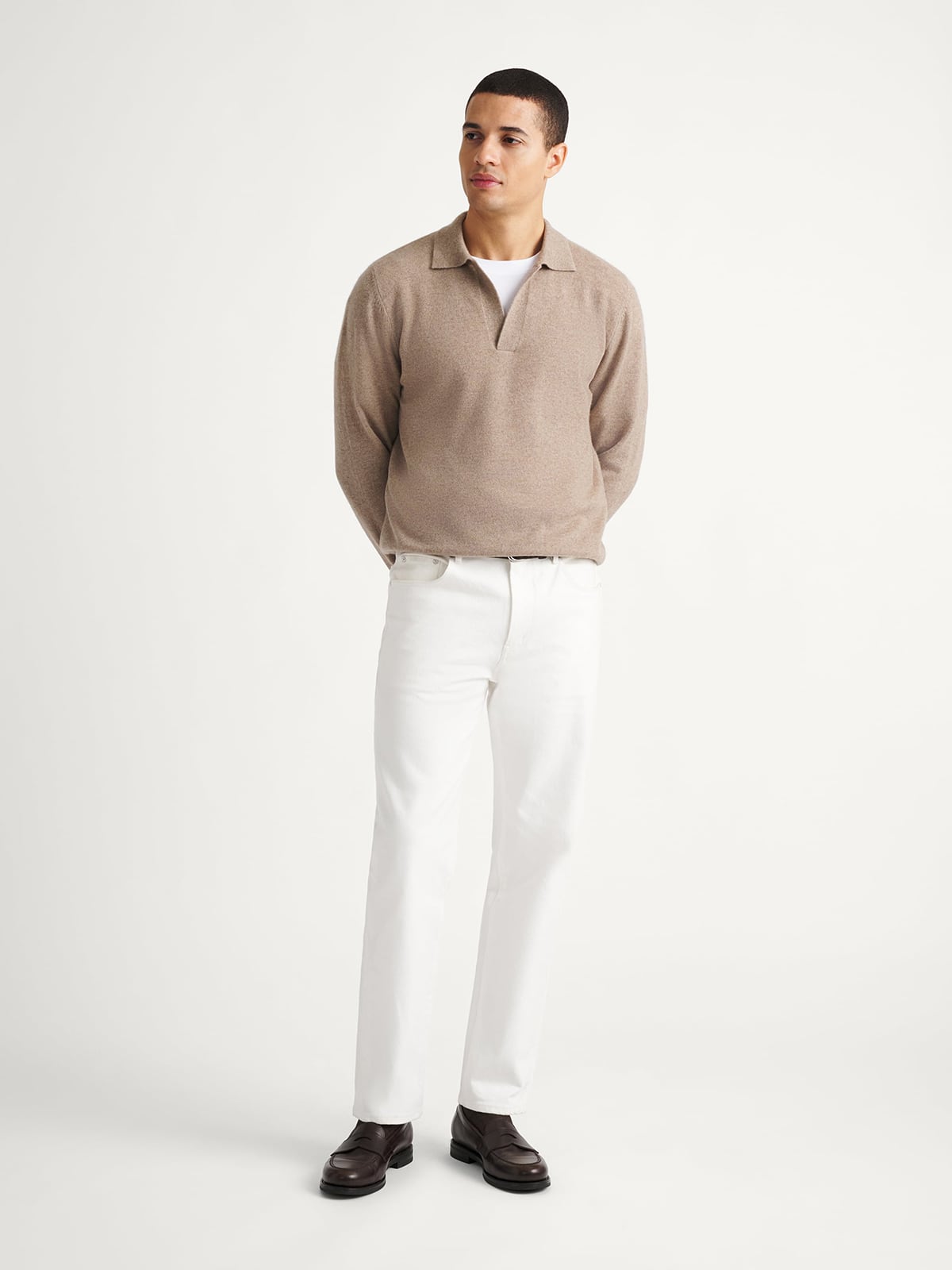 Taupe Scottish Cashmere Long Sleeve Knit Polo | Proper Cloth