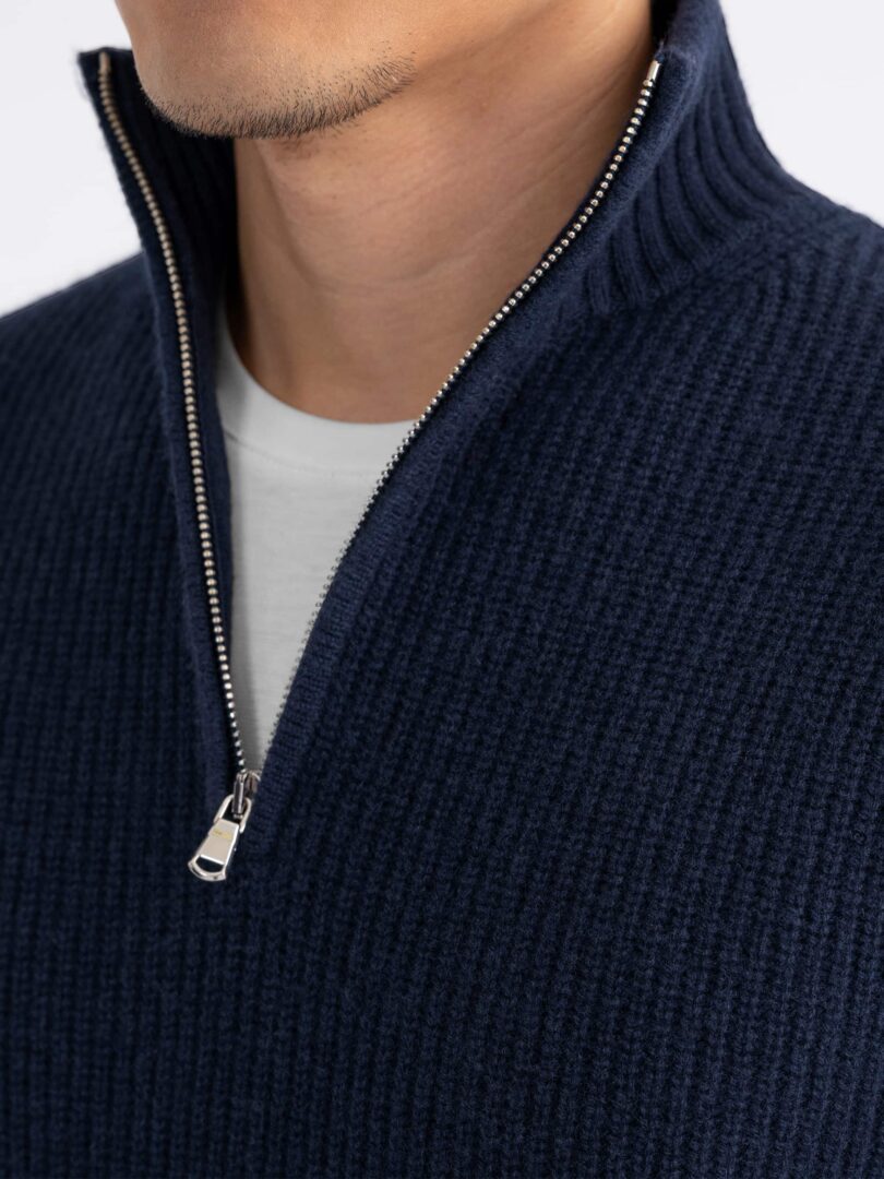 Navy Merino and Cashmere Ribbed Half-Zip Sweater