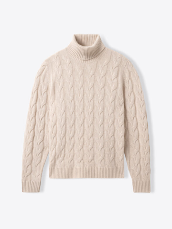 Thumb Photo of Beige Merino and Cashmere Cable Turtleneck Sweater