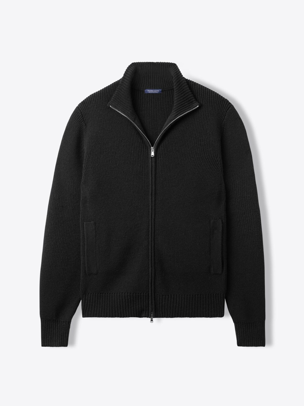 Black Merino Wool Full-Zip Sweater - Proper Cloth