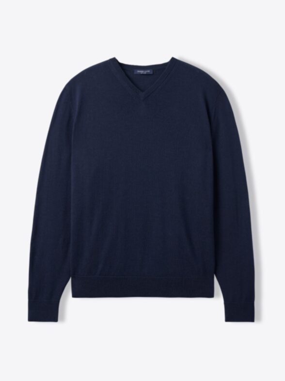 Thumb Photo of Navy Melange Merino and Silk V-Neck Sweater