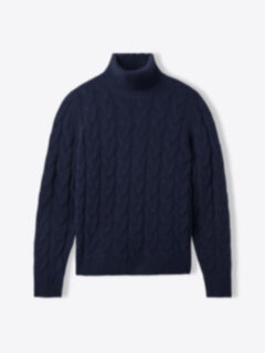 Navy Merino and Cashmere Cable Turtleneck Sweater - Proper Cloth