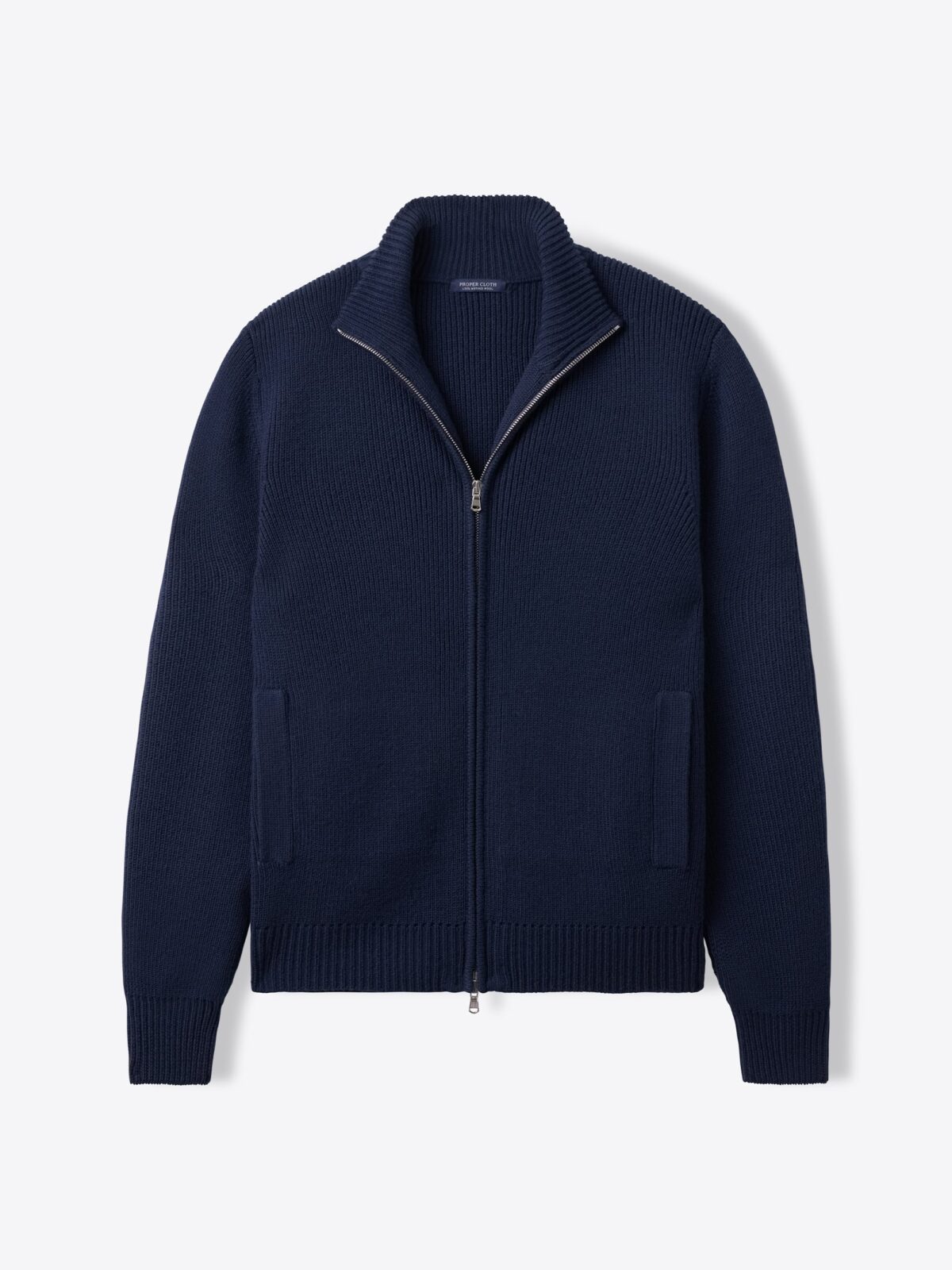 Navy Merino Wool Full-Zip Sweater - Proper Cloth