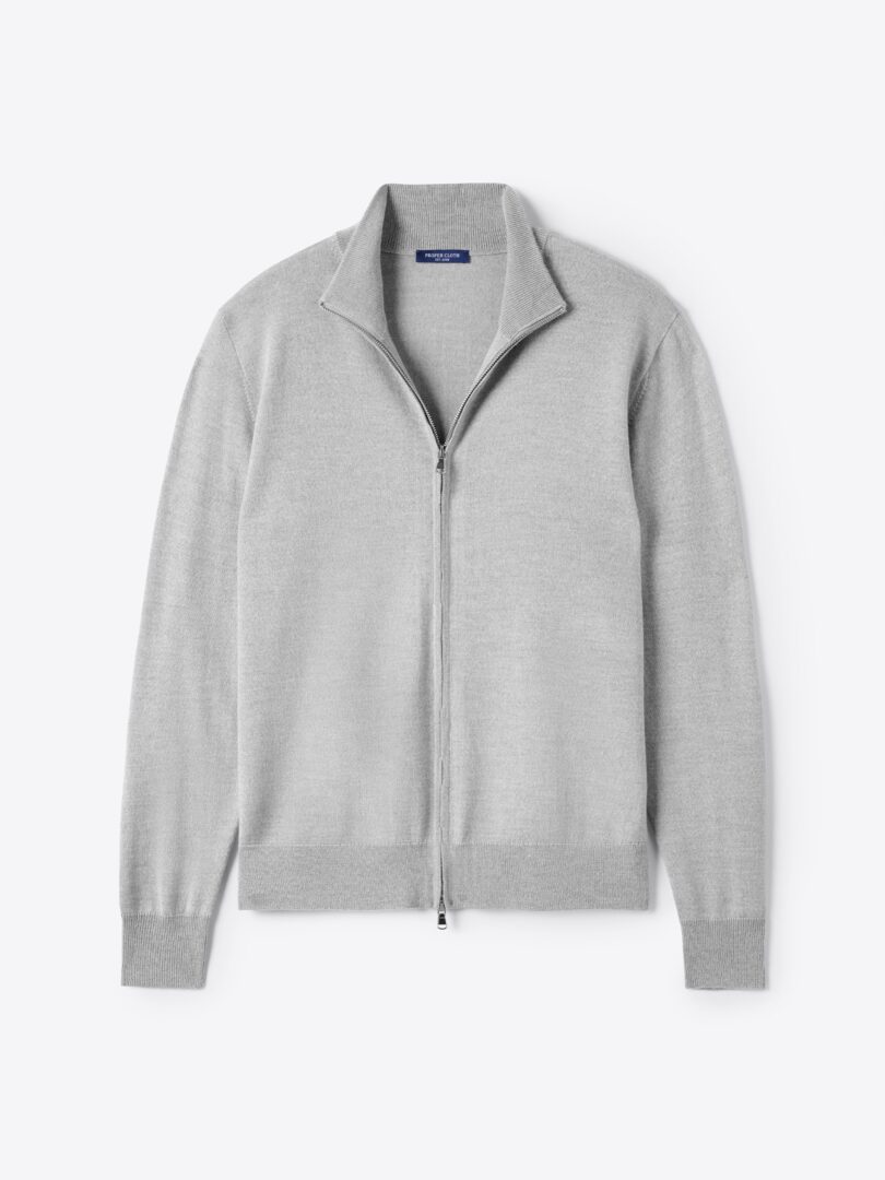 Light Grey Merino and Silk Full Zip Sweater