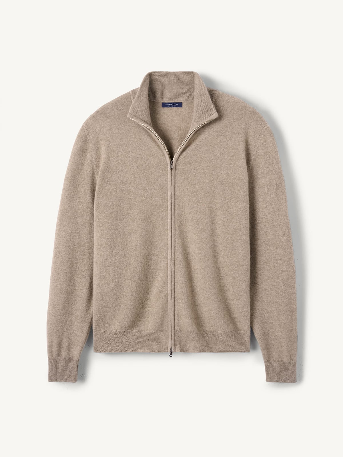 Taupe Scottish Cashmere Full-Zip Sweater - Proper Cloth