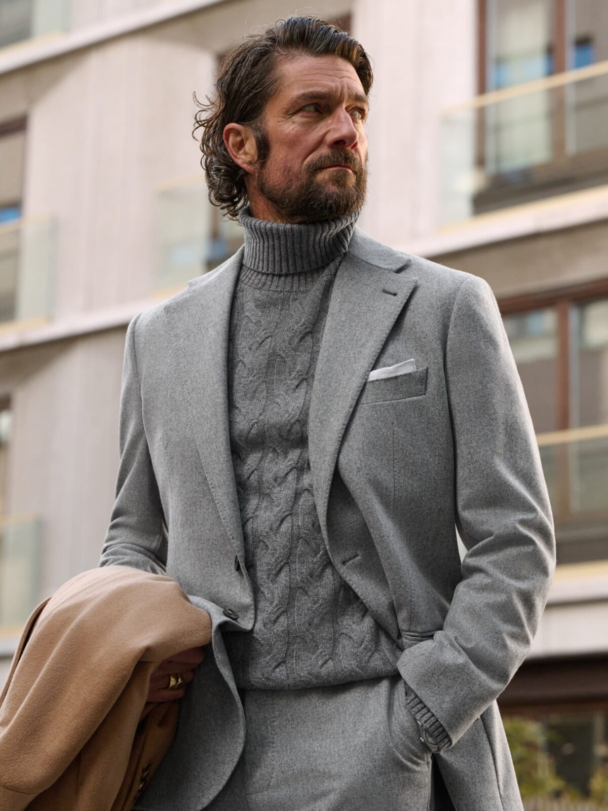 Grey Merino and Cashmere Cable Turtleneck | Proper Cloth