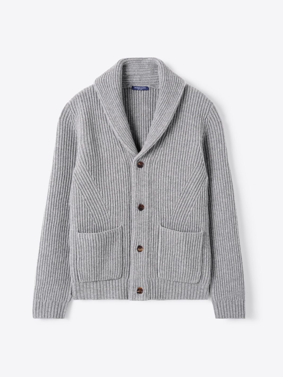 Light Grey Grey Merino and Cashmere Ribbed Shawl Cardigan