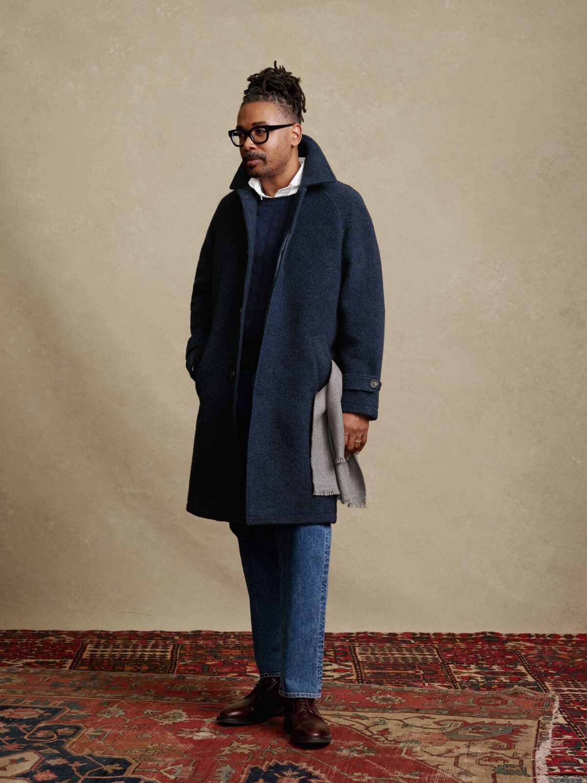 Crosby Navy Wool and Alpaca Boucle Coat - Proper Cloth