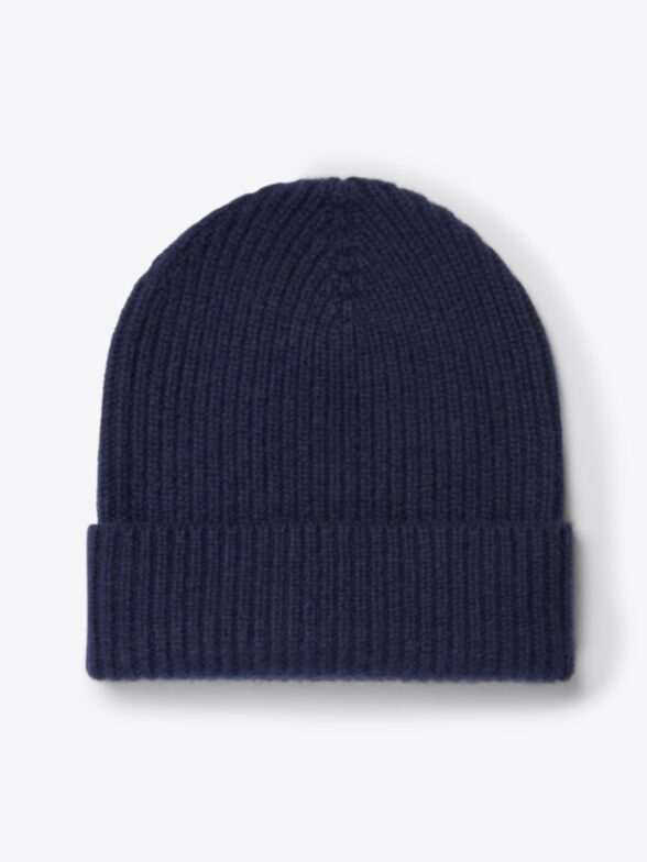 Men’s Navy Scottish Cashmere 4-Ply Ribbed Beanie Thumb