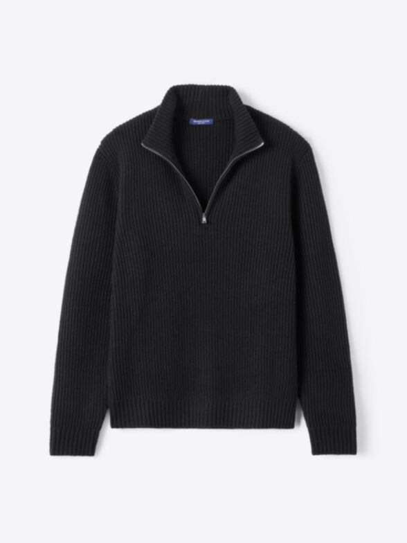 Men’s Black Merino and Cashmere Ribbed Half-Zip Sweater Thumb