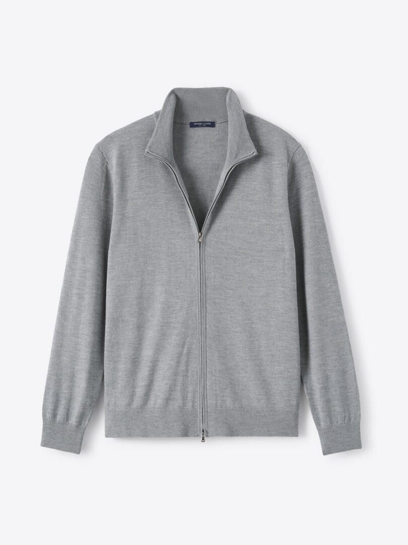 Men’s Light Grey Merino and Silk Full-Zip Sweater Thumb
