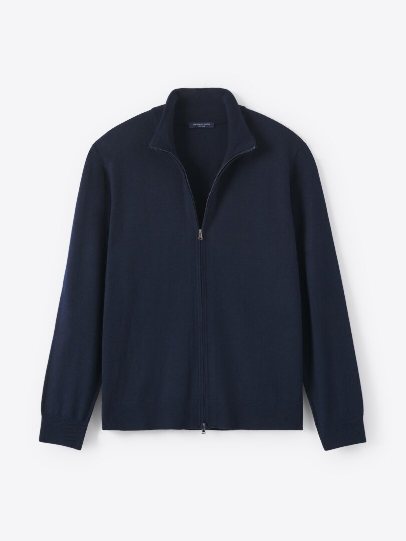 Men’s Navy Merino and Silk Full-Zip Sweater Thumb