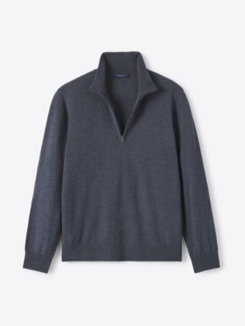MERINO WOOL SWEATER (NAVY) Lサイズ Navy Merino Wool Full-Zip Sweater - Proper Cloth