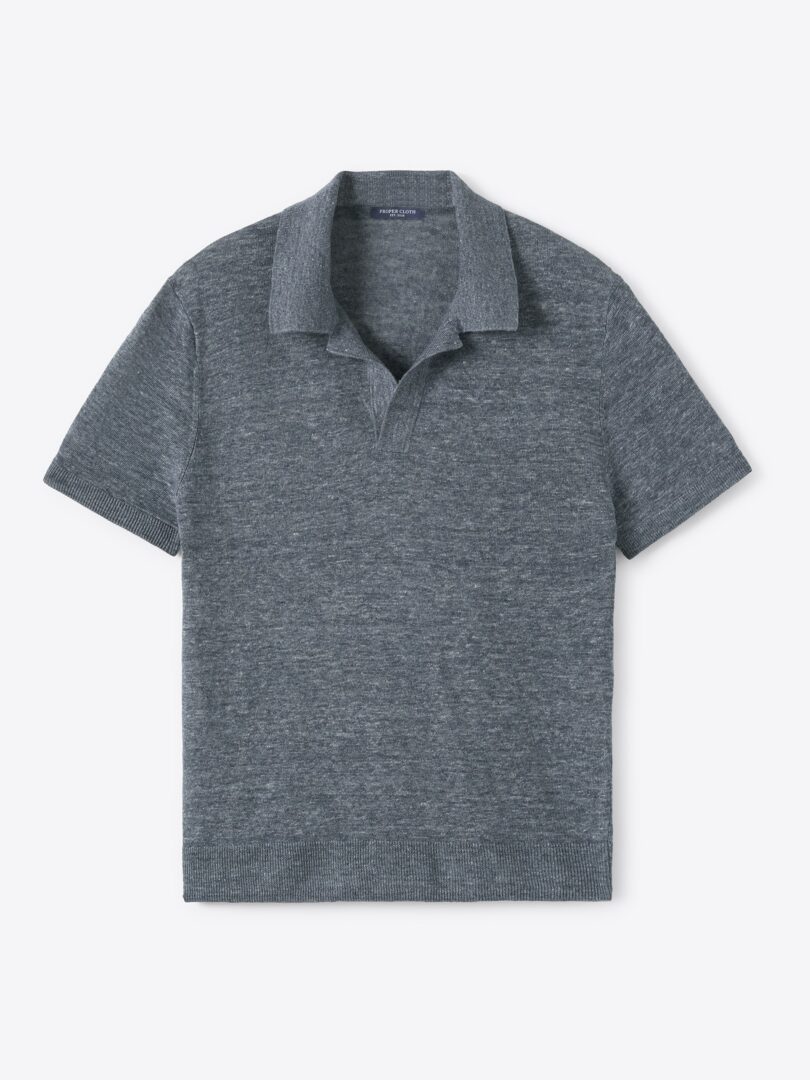 Men’s Dark Slate Melange Linen Knit Polo Thumb