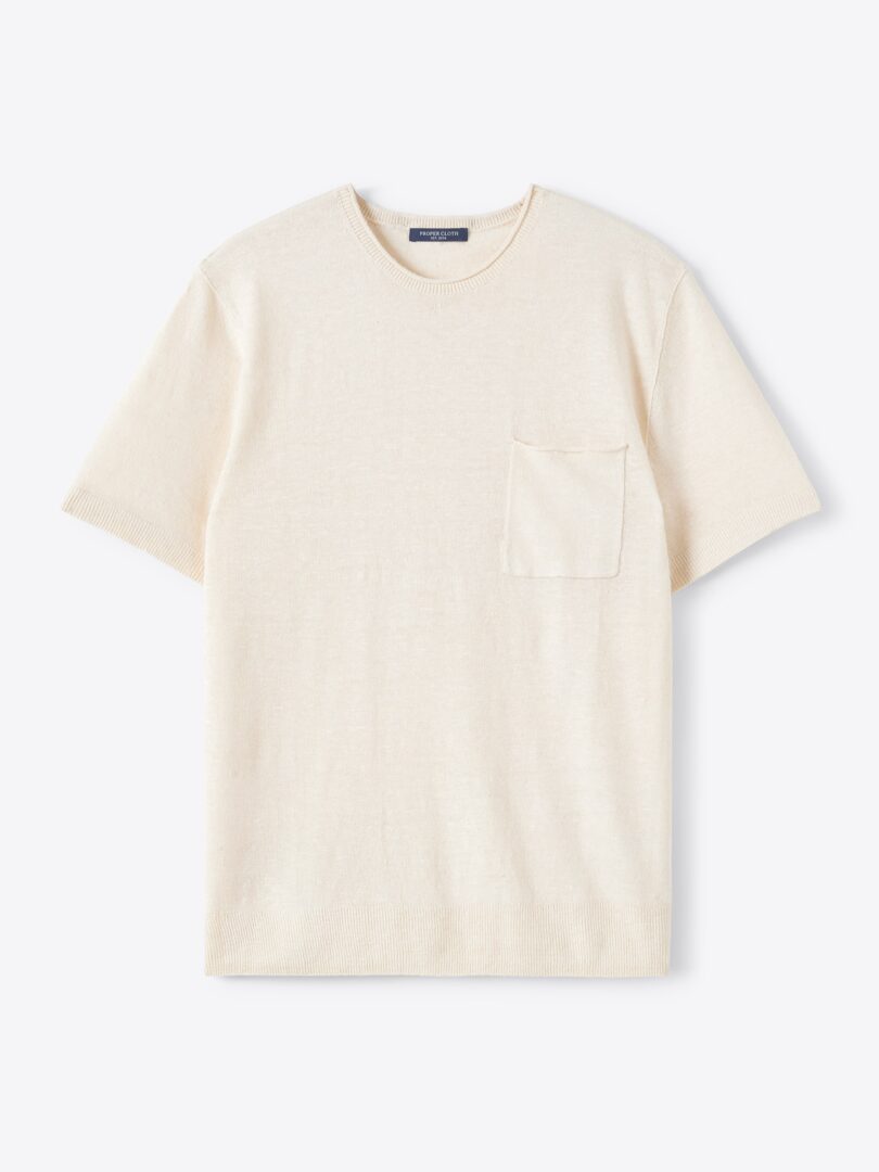 Men’s Off White Linen and Silk Short Sleeve Rollneck Thumb