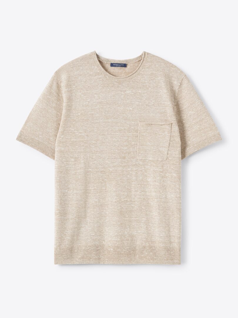 Men’s Beige Linen and Silk Short Sleeve Rollneck Thumb