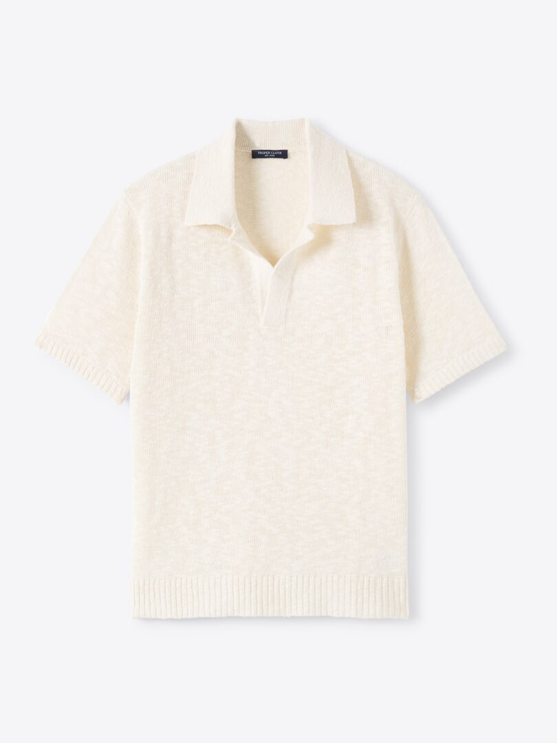 Men’s Off White Cotton and Linen Slub Knit Polo Thumb