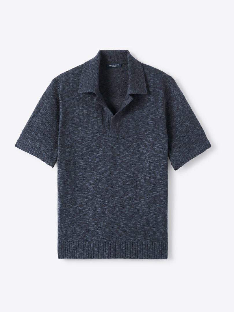 Men’s Faded Navy Cotton and Linen Slub Knit Polo Thumb