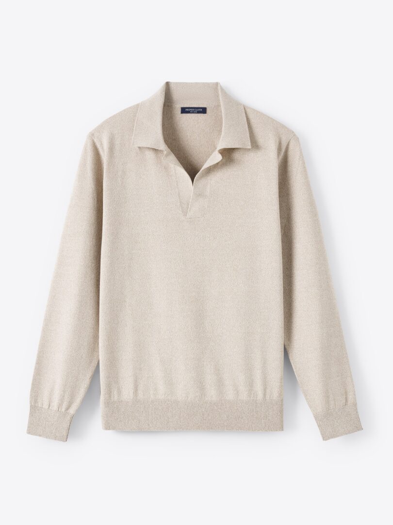 Men’s Beige Mouliné Cotton Long Sleeve Knit Polo Thumb