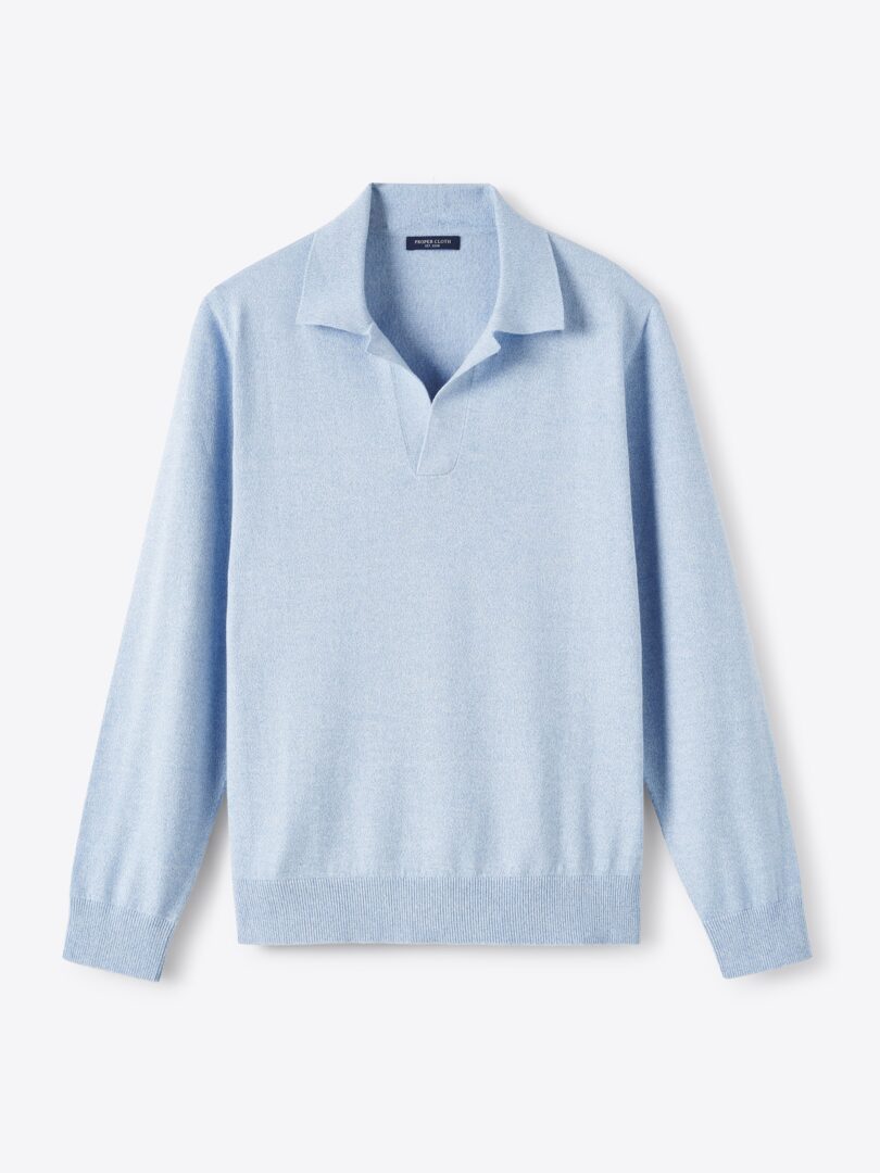 Men’s Light Blue Mouliné Cotton Long Sleeve Knit Polo Thumb