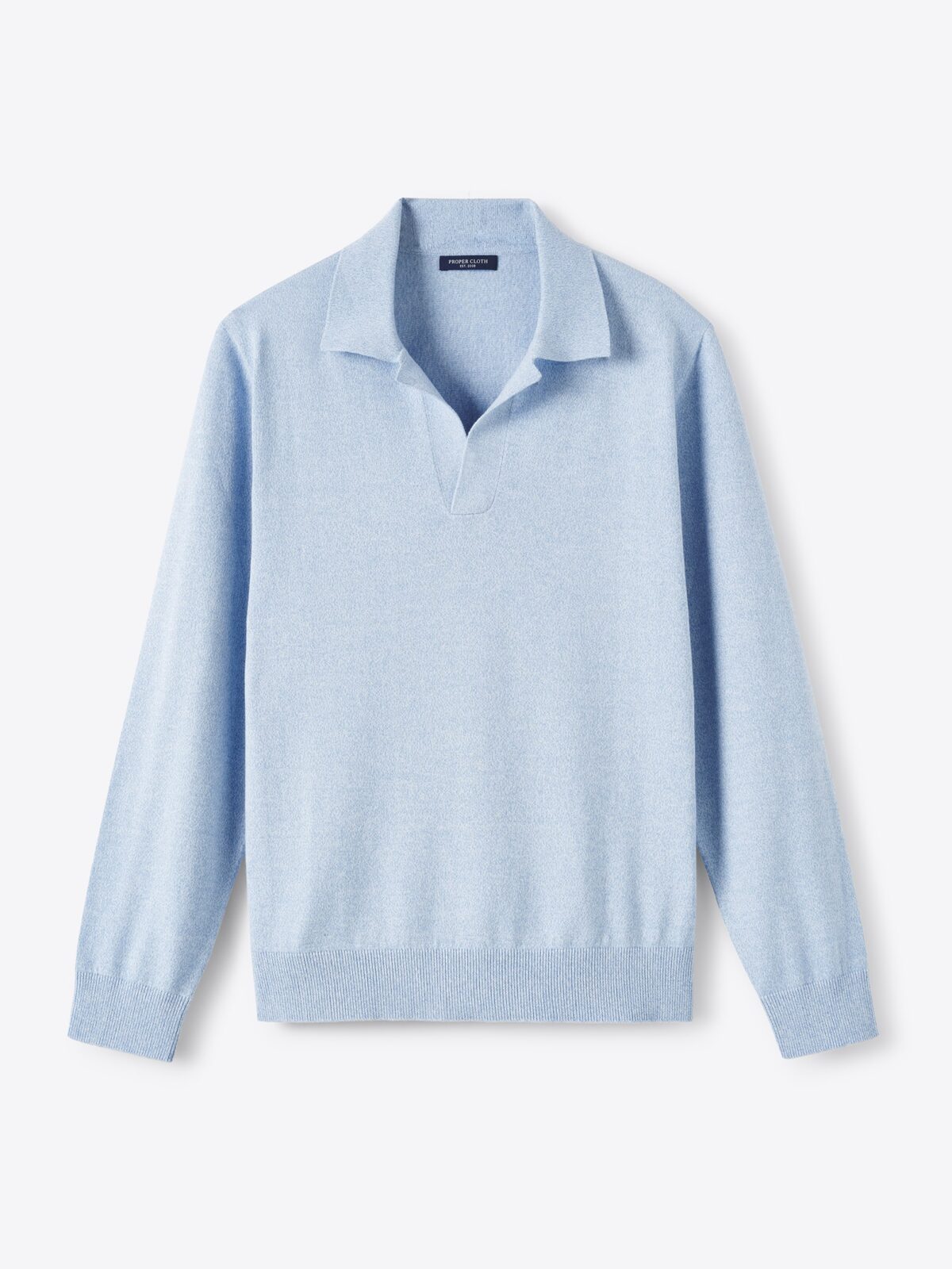 Light Blue Mouliné Cotton Long Sleeve Knit Polo - Proper Cloth
