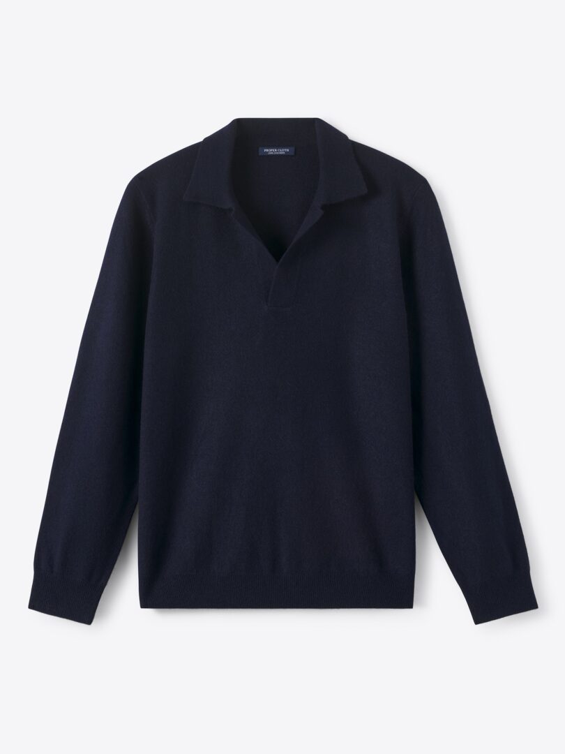 Men’s Navy Scottish Cashmere Long Sleeve Knit Polo Thumb