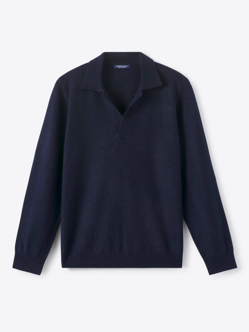 Men’s Navy Scottish Cashmere Long Sleeve Knit Polo Thumb