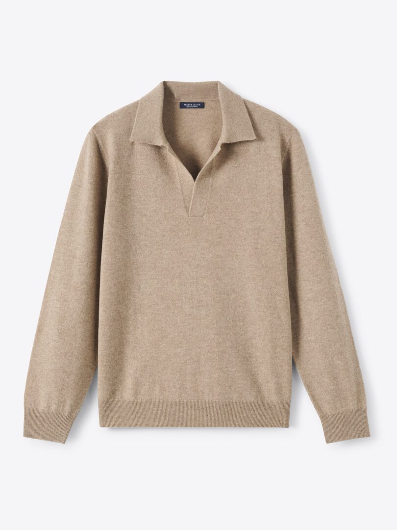 Men’s Taupe Scottish Cashmere Long Sleeve Knit Polo Thumb
