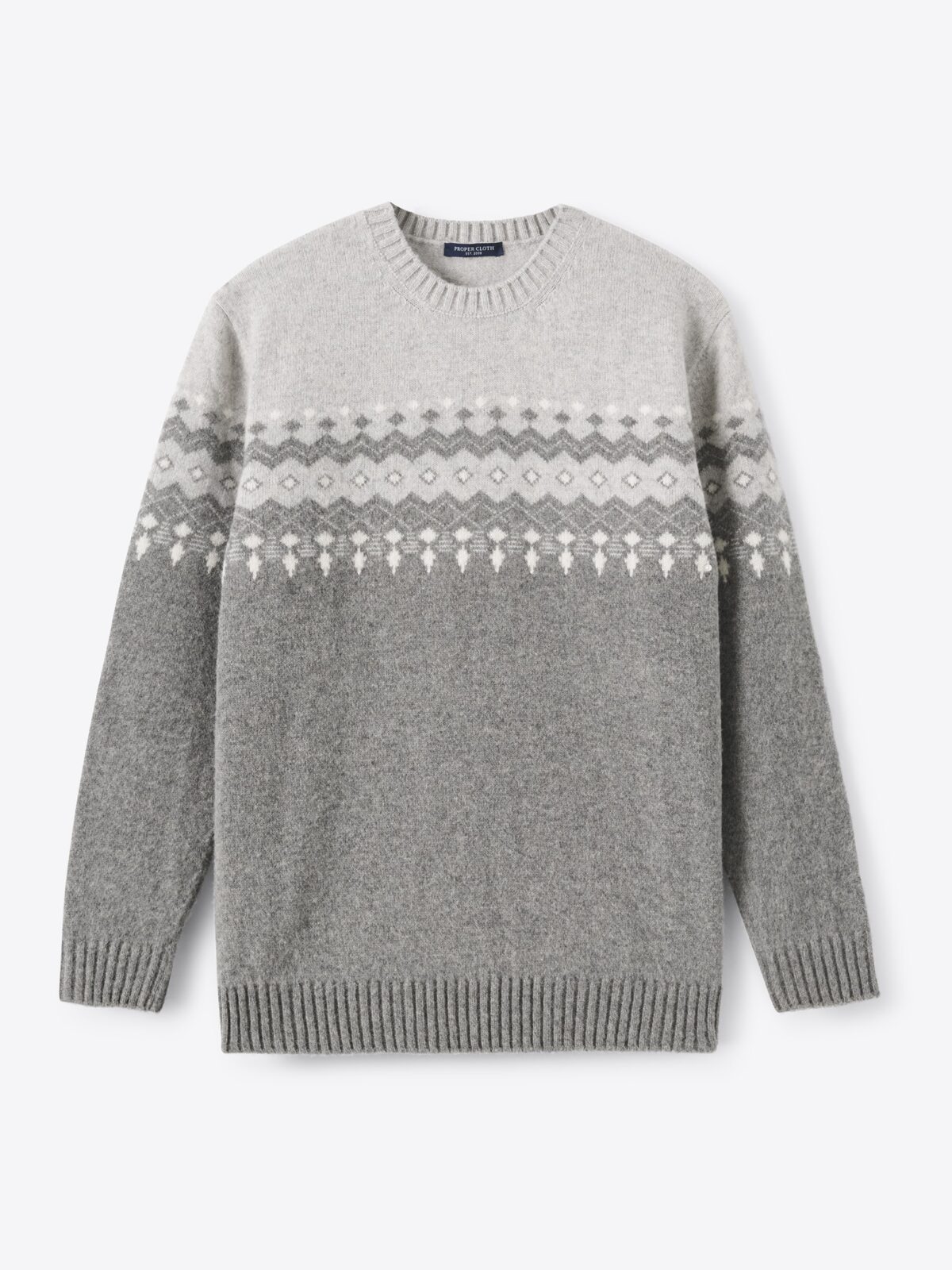 Grey Italian Merino Wool Fair Isle Crewneck Sweater - Proper Cloth