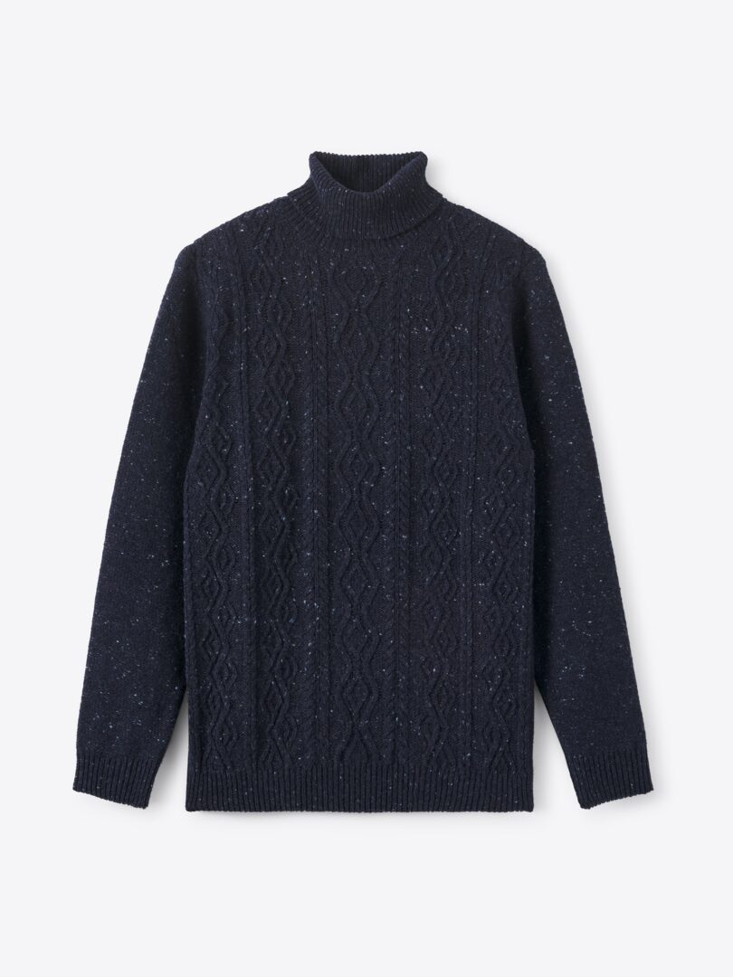 Men’s Navy Donegal Italian Merino Wool Aran Turtleneck Sweater Thumb