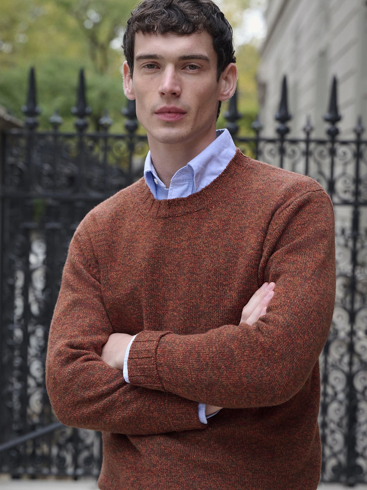Ochre Italian Merino Wool Mouliné Crewneck Sweater | Proper Cloth