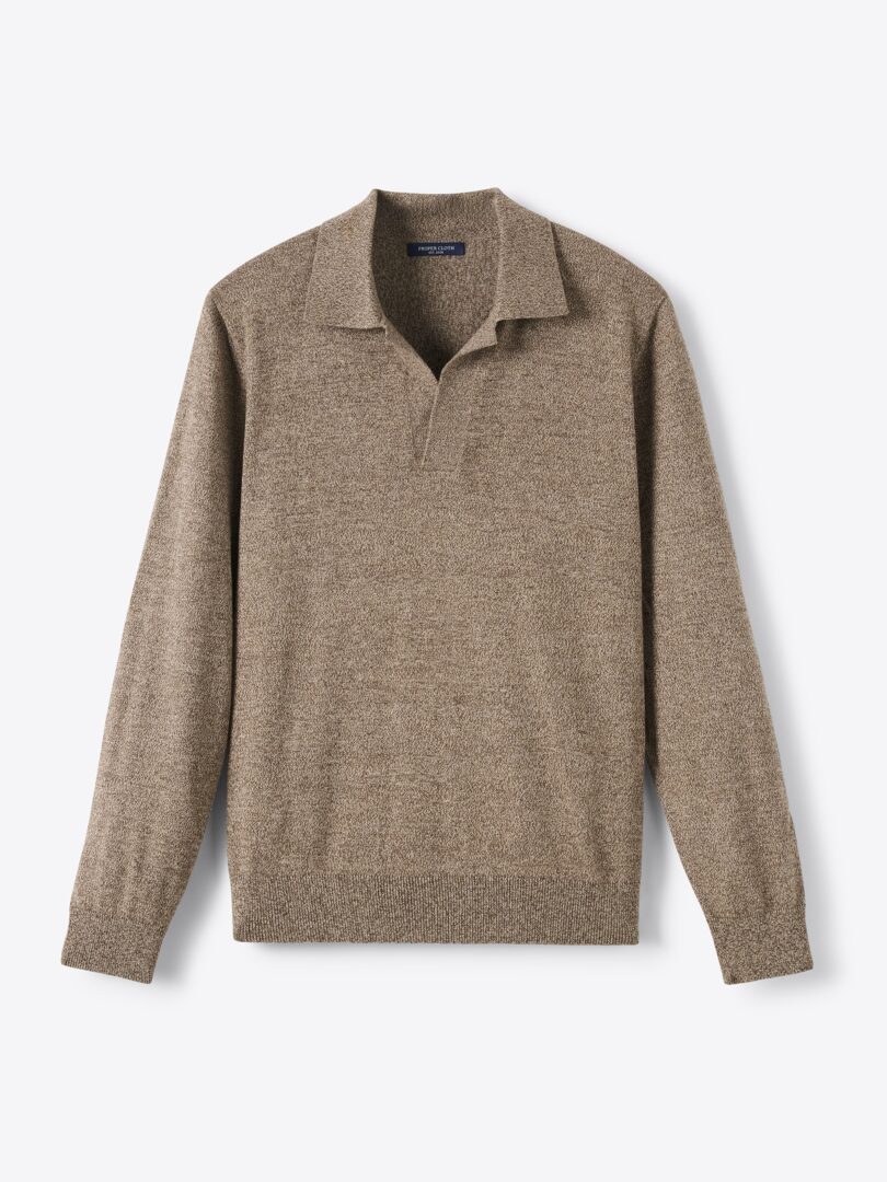 Men’s Brown Mouliné Cotton Long Sleeve Knit Polo Thumb