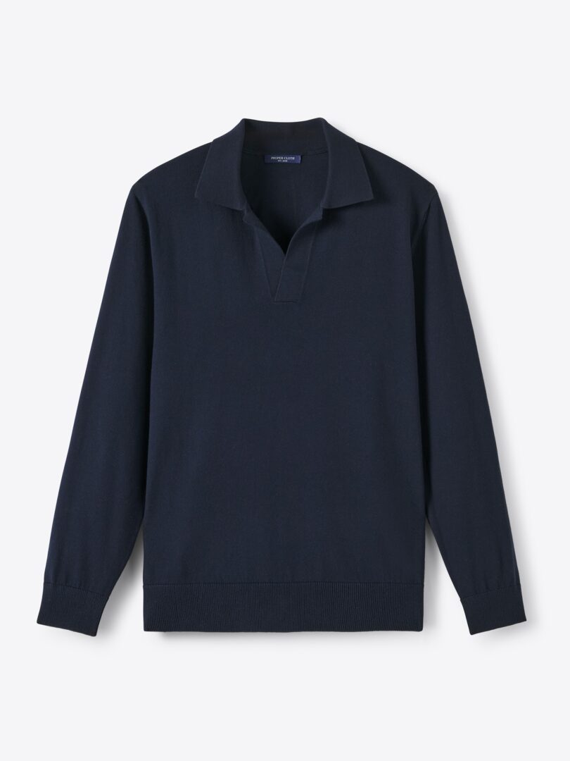 Men’s Navy Cotton Long Sleeve Knit Polo Thumb